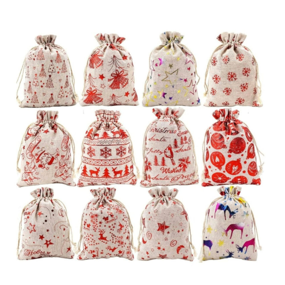 Christmas Burlap Bags with Drawstring, 5" x 7" 12 Piece NWT